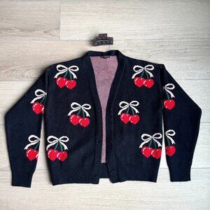 Olive Avenue Cherry Bow Kawaii Cardigan Y2K Boxy Cardigan with Hair Clip Sz XS